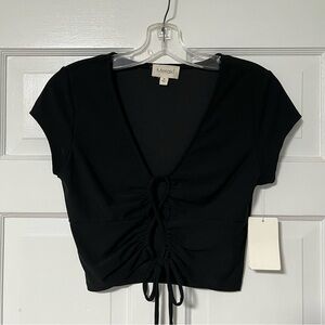 Meraki Black short-sleeve V-neck drawstring Ruched Crop Top